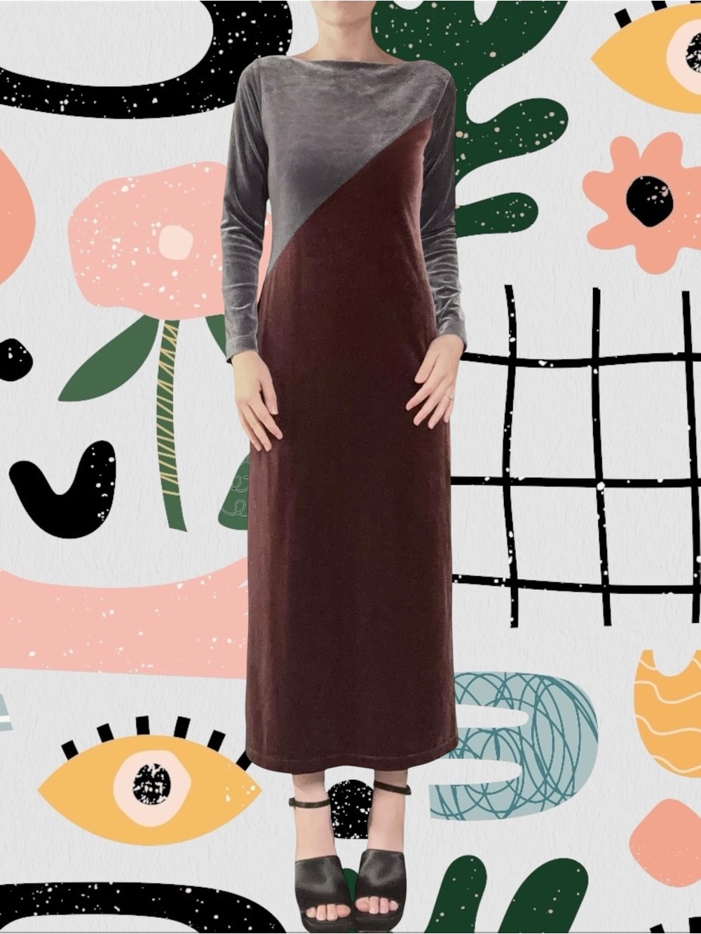 Carole Little | Vintage 90s/Y2K Velvet Colorblock Gray/Mauve Midi Dress